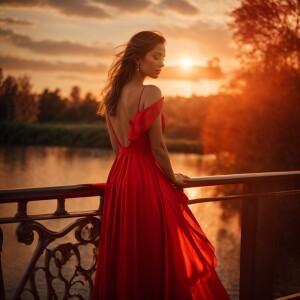Beautiful girl in an elegant red dress standing against the back...