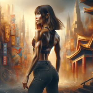 Athletic Thin skinny Attractive, Asian teenage girl, long brown hair and bangs, wearing tight skinny jeans and a halter top paint marks on her clothing, heroic pose Asian graffiti background, backside view