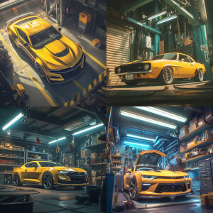 a yelloww chevrolet camaro is parked in a garage, a 3D render by...