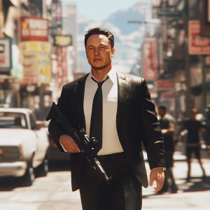 Elon Musk..walking down crowded street shooting a machine gun, 8...