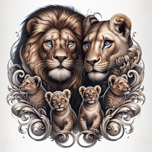 Male and female lions cuddling, with four cubs; one cub has blue...