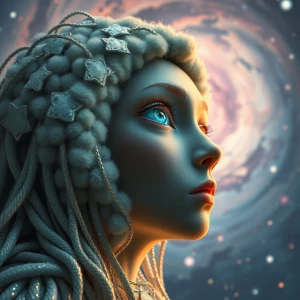 In the cosmic expanse, a plush, supernatural galactic nomad gaze...
