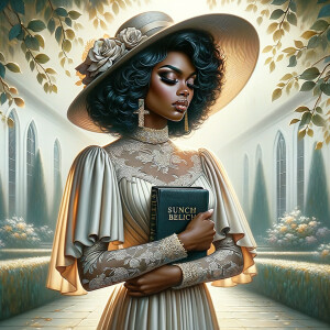 Render an airbrush oil painting of an African American woman with flawless makeup in a
contemplative pose, holding a Bible close to her heart, dressed in an elegant Sunday Best
outfit with a distinctive Church Hat. The background features a peaceful church garden,
with light filtering through the trees, highlighting her spiritual connection and the personal
moment of reflection. The artwork should capture the tranquility of the scene, the beauty
of her attire, and the depth of her contemplation, reflecting a serene and spiritually