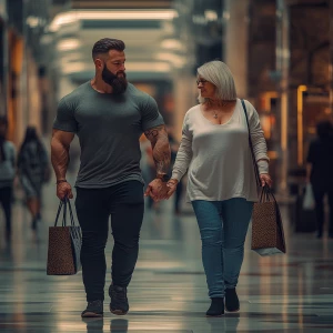 a muscular beefy  man walking with his 47 years old  new york mo...