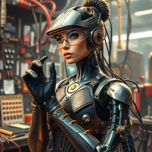 In a bustling, futuristic workshop, a zealous glamorous droid me...