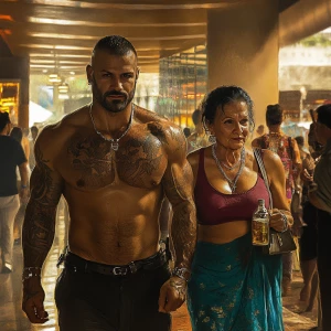 photo,fantasy,A sweaty tattoed muscular man walking with his 50...