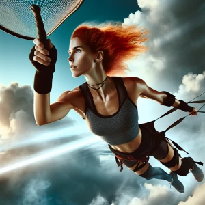 Ginger haired woman flying through the air catching something wi...