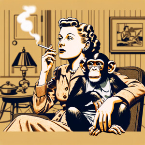 A  woman smoking a cigarette sitting next to a chimp on bed