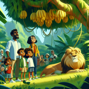 A family in the jungle watching a lion under a tree with bananas