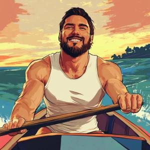 White muscular thin man with beard, big chin, smile and cheekbon...