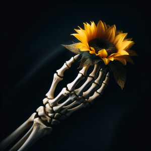 Skeleton hand giving a yellow sunflower