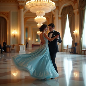 “A breathtaking shot taken with a Nikon D850 and a 24-70mm f/2.8 lens. Dahlia Valentina (DahliaValentina_ai) fit tall supple well endowed tanned Italian American model glides gracefully across an opulent ballroom floor, caught mid-turn in a Viennese waltz. She wears a flowing ice-blue ballgown, its delicate lace details shimmering under the golden glow of an enormous crystal chandelier. Her posture is poised, her expression serene as she twirls with an elegant dance partner in a classic tuxedo. The grand ballroom features intricate gilded moldings, towering windows draped with silk curtains, and polished marble floors reflecting their movements. The air feels enchanted, as if time itself has slowed for this graceful moment. The soft depth of field blurs the background slightly, enhancing the dreamlike quality of the scene.”