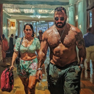 realistic painting 1:1.A sweaty beefy man walking with his 54 ye...