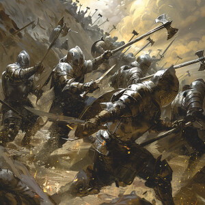Ten armored knights are helplessly flattened beneath the weight...