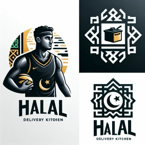 Design a modern, bold logo for a halal food delivery kitchen in Bali, endorsed by Khabib Nurmagomedov. The logo should blend athletic strength with the purity and tradition of halal food. Incorporate a sleek, clean wordmark using a strong, modern serif or sans-serif font (all lowercase for a friendly, approachable feel) alongside an abstract emblem inspired by traditional Islamic geometric patterns and subtle tropical elements that hint at Bali. Use a color palette with a deep, sophisticated black as the primary color, accented with a vibrant yellow to evoke energy and appetite, and hints of fresh green to symbolize healthy, natural ingredients. The overall design must be minimal, versatile, and easily recognizable across digital and physical media