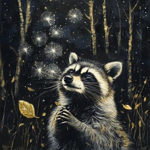 Raccoon blowing on dandelion seeds in forest among forest friend...