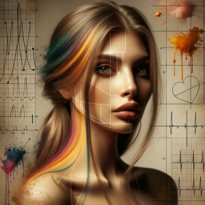 Abstract, minimalist, art cardiogram, charts complex, mathematical formulas, spontaneous lines, and paint marks, paint in hair, golden ratio