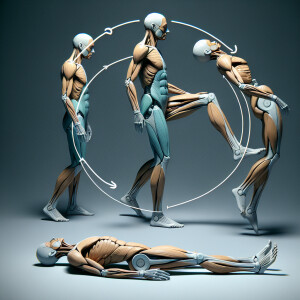 a 3d vetruvian man standing then turning around and laying down...