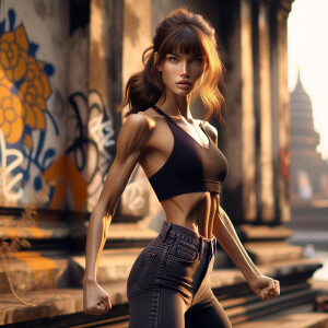 Athletic Thin skinny Attractive, Asian teenage girl, long brown hair and bangs, wearing tight skinny jeans and a halter top paint marks on her clothing, heroic pose Asian graffiti background, backside view