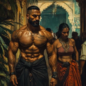 realism style art,a muscular sweaty beefy criminal walking  with...