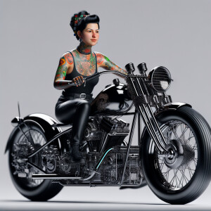 Creat a masterpiece of a beautiful purter rican woman with tattoos sitting on a shiny black Harley Davidson