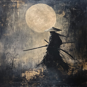 Closeup of elegant Ronin walking of into the moonlight at midnig...