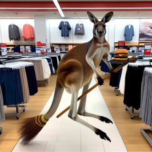 Kangaroo flipping burgers while riding a broomstick at Kohl’s