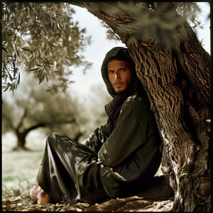 arabic man sits under a large olive tree, wearing a traditional...