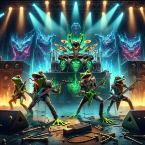 A concert stage bathed in the blinding, strobing lights of a hea...