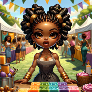 "Envision a digital painting of a vibrant African American chibi character, boasting an athletic yet curvy build. She has wide almond-shaped eyes and luscious full lips. Her hair is elegantly styled into an updo of locs, each adorned with shiny golden cuffs. She stands proudly behind a booth at a bustling craft fair, surrounded by her own handmade colorful soaps and aromatic candles. She wears a branded apron over a cheerful summer dress, actively engaging with customers. The perspective of the artwork is dynamic, with the craft table positioned at an inviting angle, allowing a three-dimensional view of the varied products. Banners flutter above her, displaying the brand name in a festive font. This scene is alive with the fair's energetic atmosphere, focusing on the rich interactions between the creator and her patrons, and showcasing the intricate textures and vivid colors of the crafts."