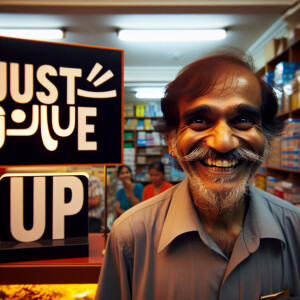Very happy guy in shop smiling with text on sign saying just giv...