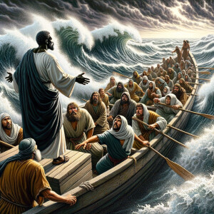 African-American Jesus telling Peter to come walk on the water,...