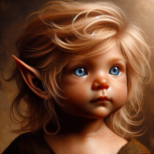 An elven baby with dark brown skin, blue eyes, and light blonde...