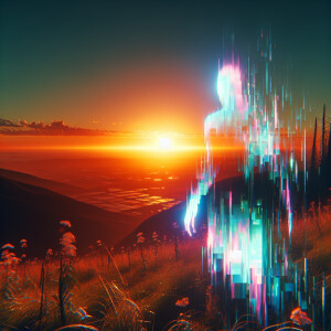 A chillingly glowing digital glitch emerges from the serene gold...