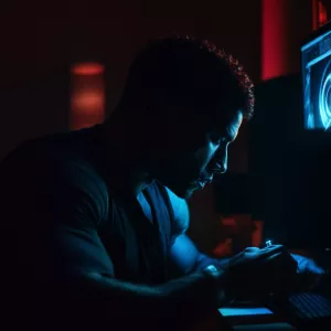 Silhouette of a muscular man engrossed in making images on the c...