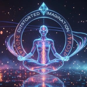 A crystalline posthuman floats in
lotus pose, suspended within...