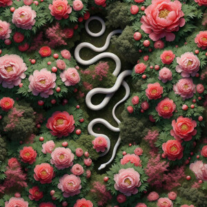 Overhead close-up of a dense forest with a mix of coral-red and...