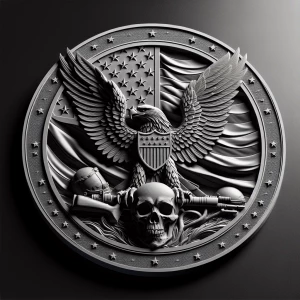 Create a circular, coin-like bas relief design featuring an eagl...