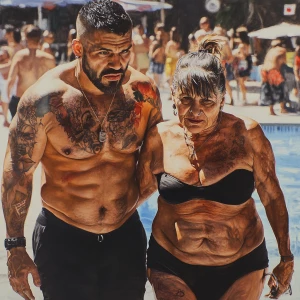 Hyperrealistic painting,a muscular tattoed pierced man walking w...