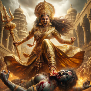 portrait of angry looking, indian goddess trampling a defeated mahishasur with her foot, while he is lying on the ground, she has a trident in her hand. She is wearing gold armor, a huge gold crown, gold saree, abundant  gold jewelry, covered in blood. The scene is set in ancient India. The image is 8K resolution, cinematic, photography, ultra detailed face and epic.