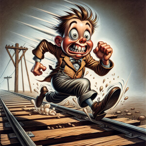 Comical caricature of a young boy running scared along the railr...