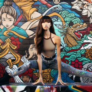 Very thin Athletic Thin skinny Attractive, Asian teenage girl, long brown hair and bangs, wearing tight skinny jeans and a halter top paint marks on her clothing, sitting side view heroic pose Asian graffiti