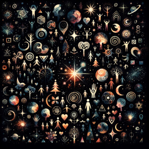Black background scattered with watercolor celestial designs fil...
