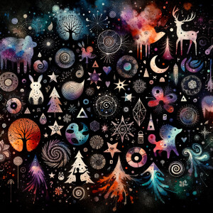 Black background scattered with beautiful watercolor celestial d...