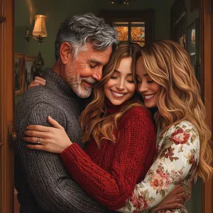 A heartwarming and highly detailed ultrarealistic scene of 3 peo...