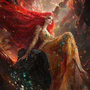 A celestial, high-angle composition. A radiant, fiery-haired God...