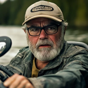 A man with a grey beard and glasses and a baseball cap with Harl...