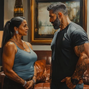 realism painting style  .A sweaty muscular man talking with his...