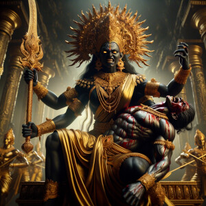 portrait of angry looking muscular goddess durga sitting on a go...