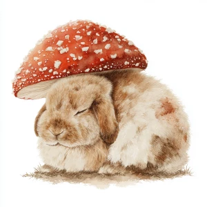 Fluffy brown rabbit sleeping under red spotted mushroom, soft wa...